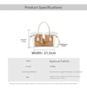 Size guide for transparent handbag showing 21.5cm width and 114cm detachable strap