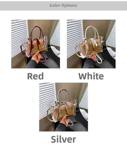 Detailed comparison of PVC basket bags in red, white, and silver with straw texture inner pouch