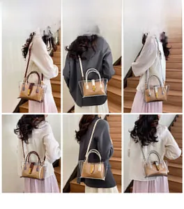 Detail showing various colors of transparent PVC tote bags with inner pouches and straps