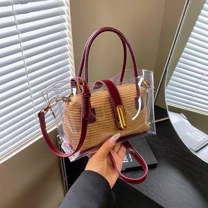 Women Transparent PVC Handbag With Woven Straw Inner Pouch Dual Crossbody Bag Summer Beach Retro Trendy Stylish