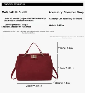 Size chart showing dimensions of the burgundy matte PU leather handbag and strap