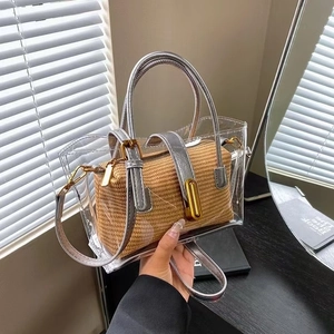 Chic transparent PVC bucket bag with woven inner pouch and silver handles for women