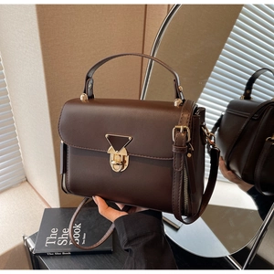 Detail of dark brown leather crossbody bag featuring a golden triangular twist lock closure