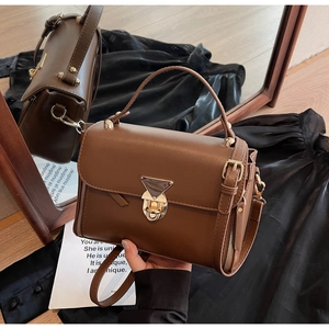 Artistic mirror view of dark brown crossbody bag with metal buckle and side zippers
