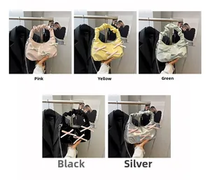 Collage of pleated bow shoulder bags in pink, yellow, green, black and silver colors