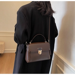 Detail of dark brown leather crossbody bag featuring a triangular gold hardware buckle