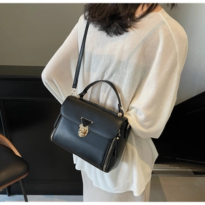 Detail of black crossbody bag featuring a golden triangle lock and side zipper accents