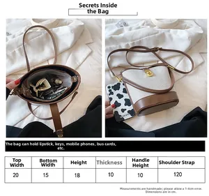 Size chart and dimensions for the minimalist canvas and leather bucket crossbody bag