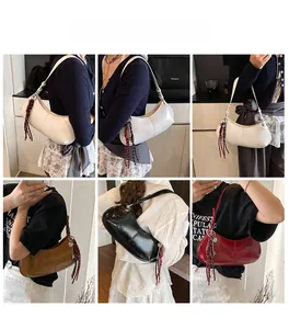 Multi-color crescent moon shoulder bags shown from various angles on a model