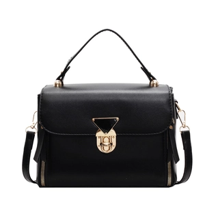 Classic black PU leather crossbody bag with triangular metal buckle and gold zipper details