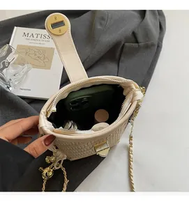 Interior view of off-white woven chain bag showing space for phone and makeup