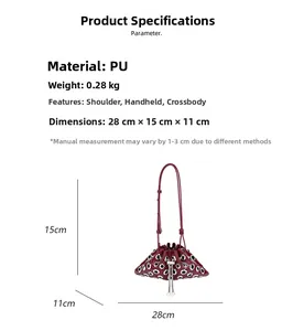 Detail of wine red studded bucket bag showing dimensions and polished PU texture