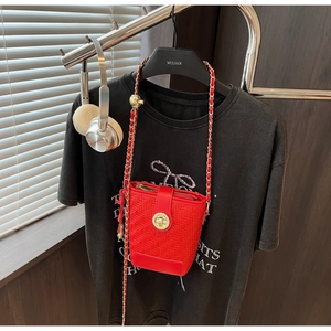 Detail of red woven bucket bag with gold chain strap and metal clasp on clothing