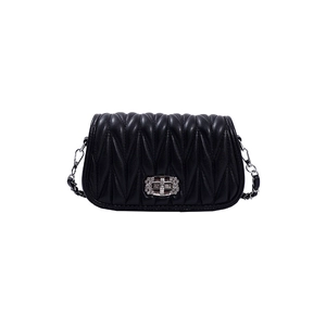Chic black matelassé shoulder bag with silver rhinestone twist lock and chain strap