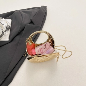 Quilted gold evening bag with round metal handle and chain strap for women