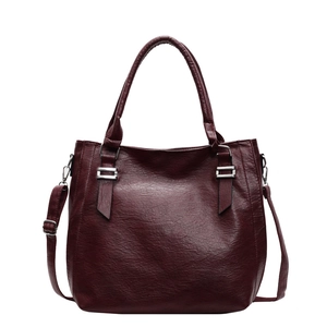 Retro burgundy faux leather tote bag with silver buckles and adjustable shoulder strap