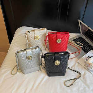Women Woven PU Leather Bucket Bag Gold Chain Strap Turn Lock Retro Fashion Crossbody Shoulder Bag