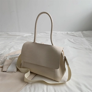 Creamy white crocodile texture tote bag with elegant handle and wide shoulder strap