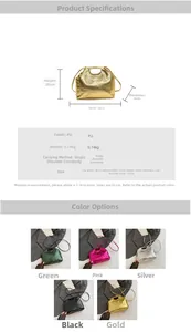 Size chart showing large PU leather crossbody bag dimensions and five metallic colors