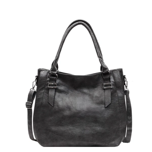 Retro charcoal grey PU leather tote bag with large capacity and silver metal buckles