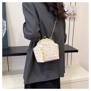 Sac à main beige perlé avec franges longues et bandoulière en chaîne métallique fine