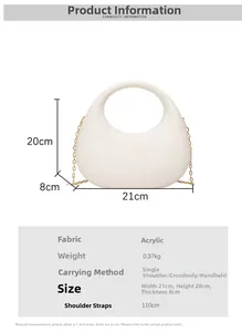 Detailed size chart for white acrylic pebble handbag showing dimensions and gold chain strap