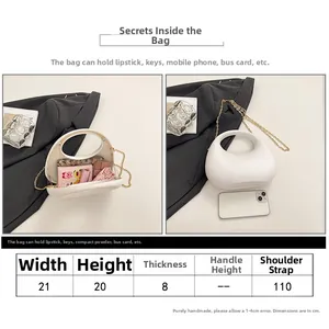 Size chart for acrylic white crossbody bag with dimensions and daily items capacity detail