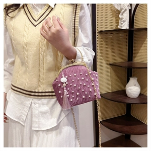 Détails d'un sac à bandoulière en velours violet avec perles et fermoir doré vintage