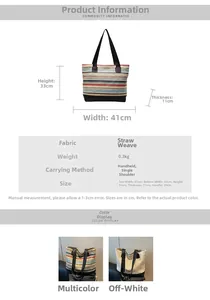 Detailed size chart for woven straw tote bag with dimensions 41x33x11cm and strap drop 29cm