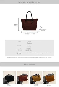 Detailed size chart and specifications for the large capacity matte PU tote bag