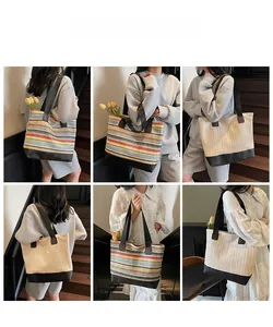 Detail shots of striped straw tote bags with black straps shown in multiple perspectives