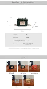 Detailed size chart and specifications for mini PU leather chain bags in five colors