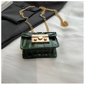 Macro view of dark green crocodile texture leather with gold metal chain and square lock