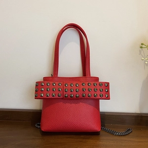 Red lychee grain leather handbag with bow rivet detail and metallic chain strap