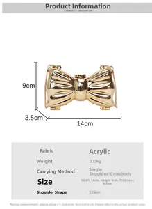 Detailed specs of mini golden bow clutch bag with acrylic finish and dimensions