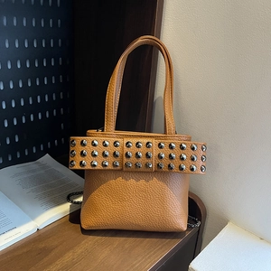 Caramel lychee grain leather handbag with rivet studs and chain strap in retro style