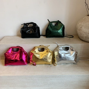 Metallic PU Leather Handbag Women Shiny Cut Out Handle Crossbody Bag Trendy Cloud Pleated Shoulder Bag Large Capacity