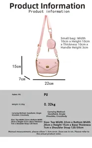 Detailed view of pink quilted handbag with wide shoulder strap and round coin purse pouch