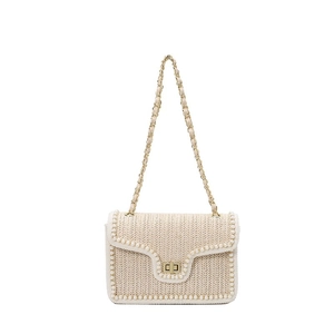 Sac bandoulière en paille crème avec garniture en perles et chaîne dorée