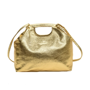 Metallic gold leather handbag with top handle and adjustable shoulder strap for women
