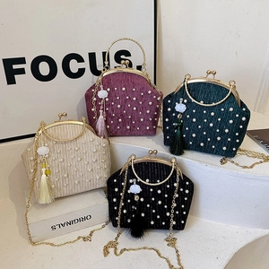 Sac De Soirée Velours Plissé Faux Künstliche Perle Élégant Femmes Sac À Main Fête Poignée Métallique Bandoulière Chaîne Pochette