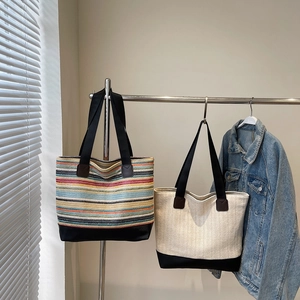 Woven Straw Tote Bag Colorful Stripes Large Capacity Summer Beach Travel Casual Shoulder Handbag For Women