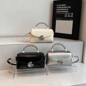 Women Mini Crossbody Bag PU Leather Artificial Pearl Beaded Handle Round Metal Lock Fashion Square Handbag Versatile Shoulder Bag