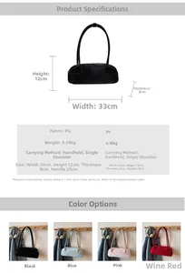 Detailed size specifications and color variants of the minimalist large PU leather baguette bag