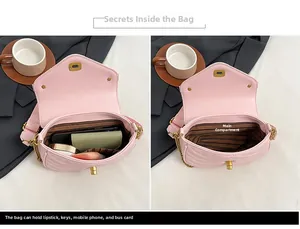 Pink quilted leather crossbody bag featuring metal turn-lock and striped inner lining