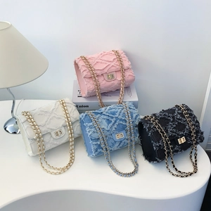 Vintage Denim Chain Crossbody Bag Quilted Rhombus Pattern Distressed Frayed Edge Fabric Shoulder Purse For Women Fashionable