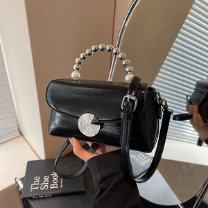 Chic black square leather handbag with silver metallic beads and pearl handle detail