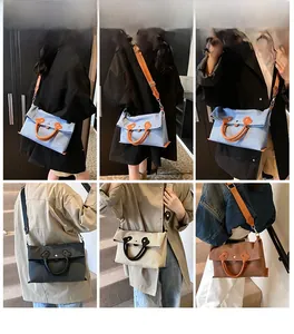 Collage of canvas tote bags in four colors showing crossbody and handheld styling