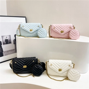 Quilted Chevron Crossbody Bag PU Leather Golden Chain With Small Round Coin Purse Fashion Daily Handbag For Women