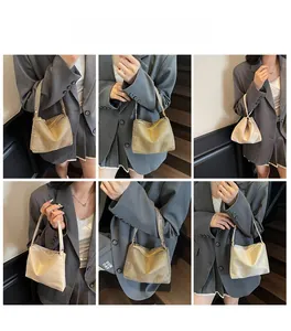 Collage of model wearing a gold rhinestone and beige satin small square tote bag